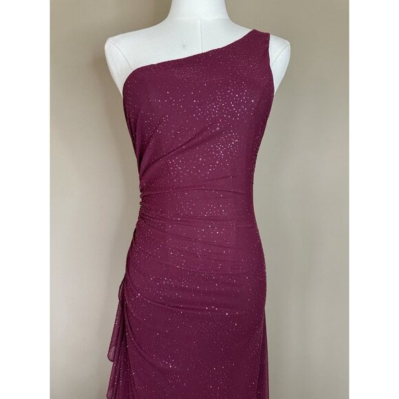 VTG Y2K Long Formal Dress Women S One Shoulder Sparkle Overlay Ruched Ruffle - Picture 4 of 9